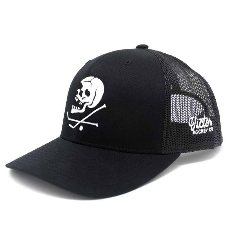 hat cap trucker mesh snapback curved bill black skull crossbones crossed hockey sticks puck skeleton embroidered 3d puff