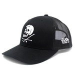 hat cap trucker mesh snapback curved bill black skull crossbones crossed hockey sticks puck skeleton embroidered 3d puff