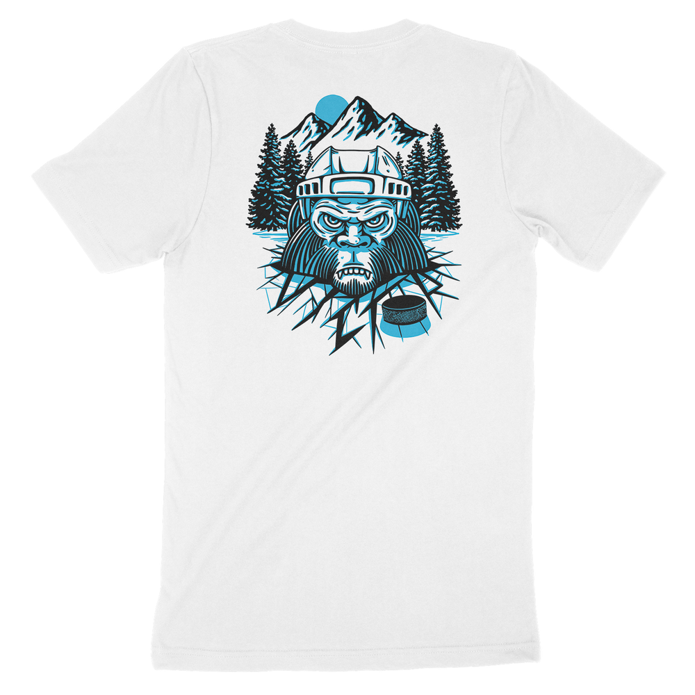 
                  
                    Yeti in hockey helmet fall through pond ice. Puck, trees, mountains, snow
                  
                
